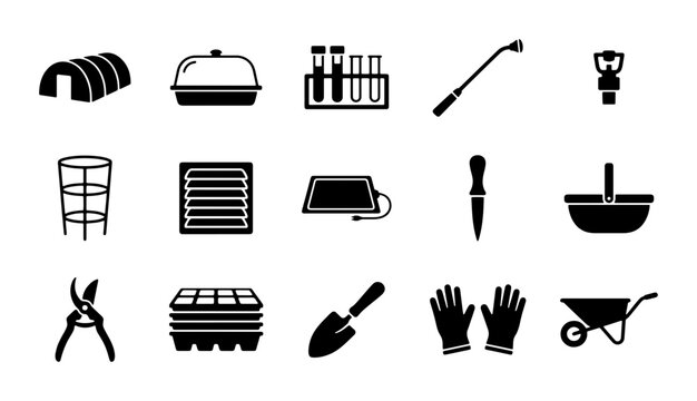 Gardening equipment icon set, 15 black silhouette garden tools and greenhouse supplies, agriculture and horticulture vector elements