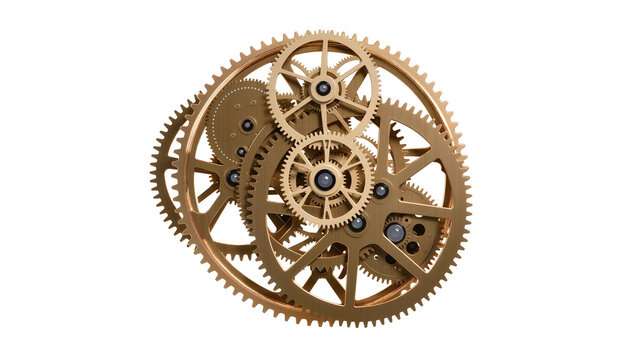Intricate brass clockwork gears mechanism, isolated on transparent background