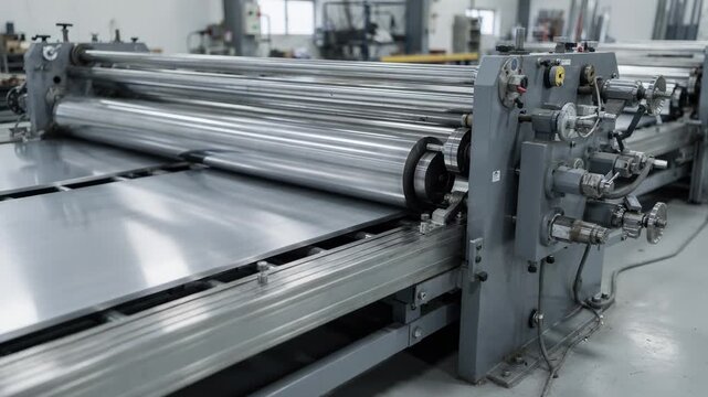 Medium shot focusing on the precision rolling of light Hbeams through horizontal rolls highlighting smooth metal surfaces and fine adjustments in a clean workshop.