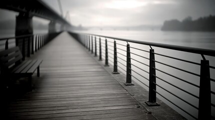 Obraz premium Pinhole Photography of a Wooden Pier With a River and a Bridge Overhead