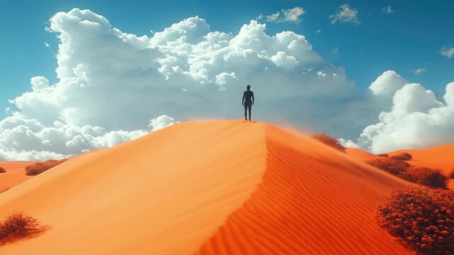 Man standing on vibrant orange sand dune under dramatic cloudy sky
