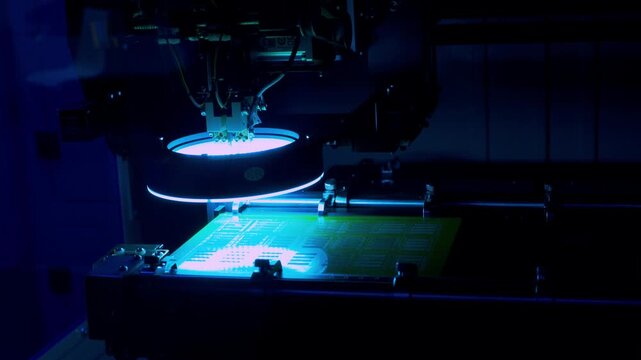 High-speed robotic assembly of electronics with optical inspection flashes. Close-up of automated SMT machine on PCB line. Metaphor for smart factory automation, engineering and high precision tech.