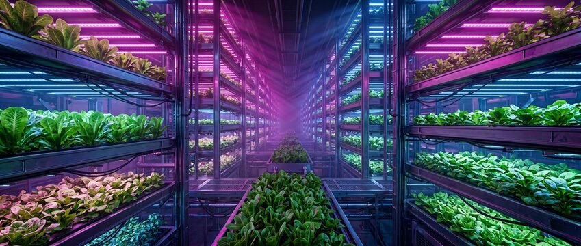 Indoor vertical farm facility growing leafy greens under pink and blue LED grow lights