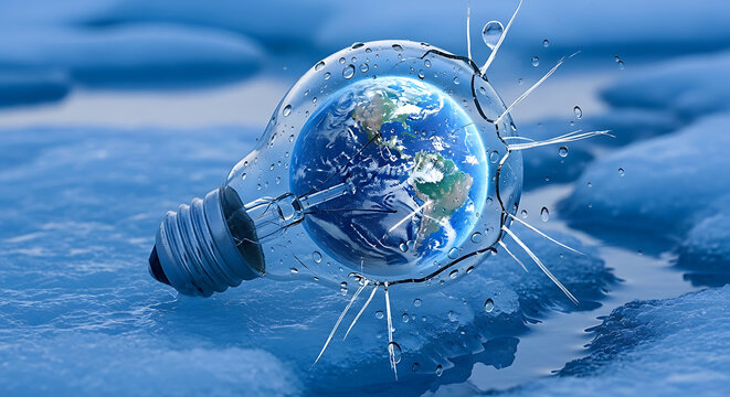 Cracked light bulb with Earth inside on ice background