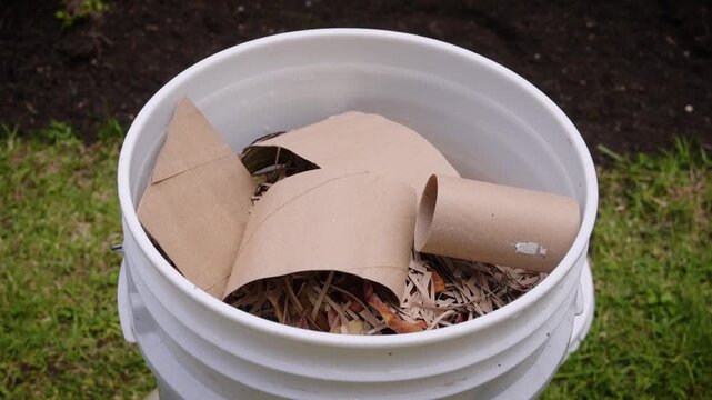 Pieces of cardboard and paper tubes thrown into a home compost bin