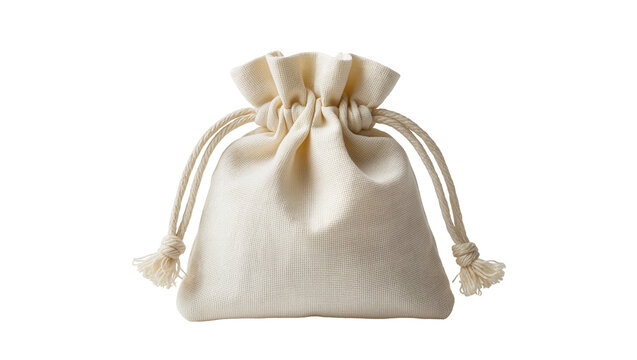 Cream fabric drawstring pouch with braided cords, isolated on transparent background