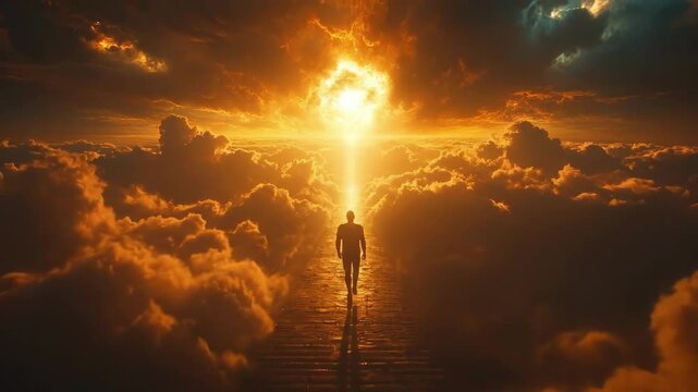 Man walking on cloud path toward glowing sunset