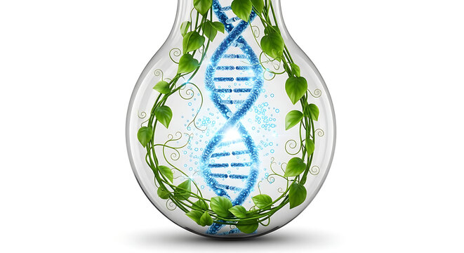 Genetic engineering concept with glowing DNA and green vines