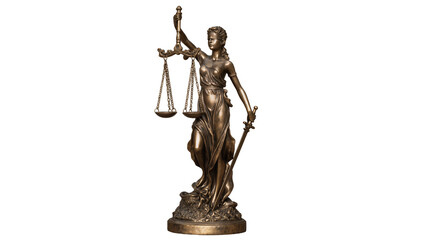 Bronze Lady Justice statue holding scales and sword, isolated on transparent background © Nicolas