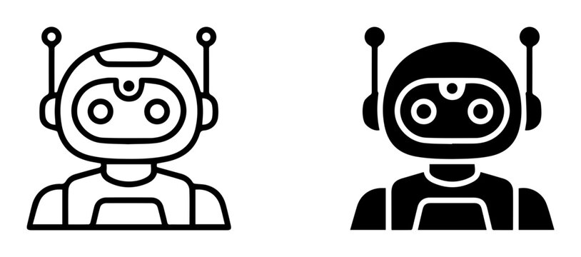 Robot icons, black and white line art, simple bot illustrations, 2 robot heads