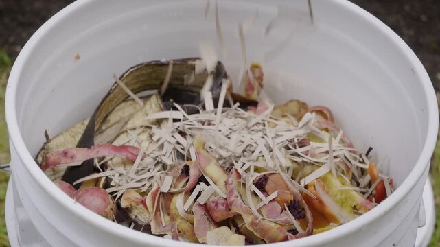 Cardboard shavings falling onto organic waste in a compost bin