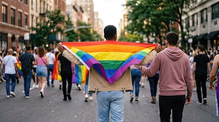 Obraz premium Individual holding a rainbow flag while walking alongside a friend during a vibrant LGBTQ Pride Parade on a busy city street with crowds of participants