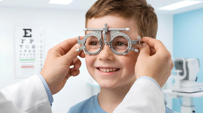 Happy little boy having eyesight exam with trial frame at pediatric ophthalmologist office