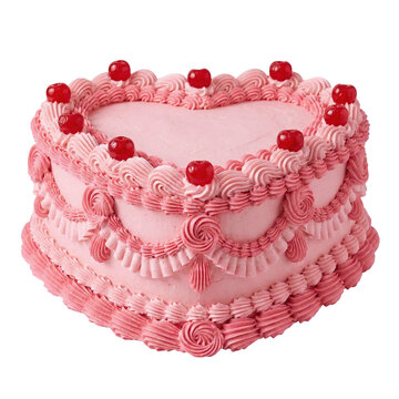 Heart shaped pink cake with maraschino cherries