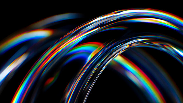 Prismatic glass rings with rainbow light refraction, abstract crystal curves on black, iridescent liquid glass waves for luxury tech branding isolated on White Background ai