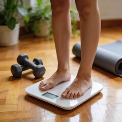 Fototapeta premium Woman Standing on Digital Weight Scale at Home with Fitness Equipment