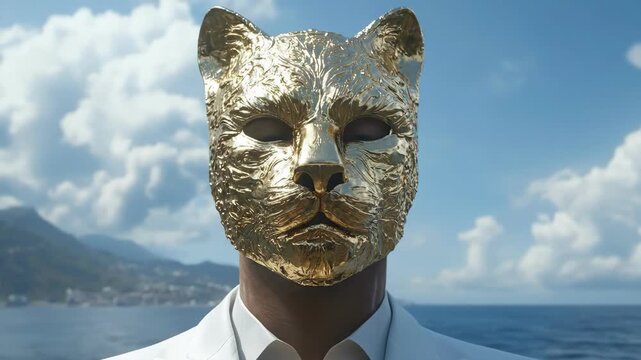Man in gold cat mask with white suit against ocean and mountain backdrop