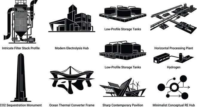 Industrial green energy infrastructure icon set featuring sustainable technology power plants and carbon sequestration systems