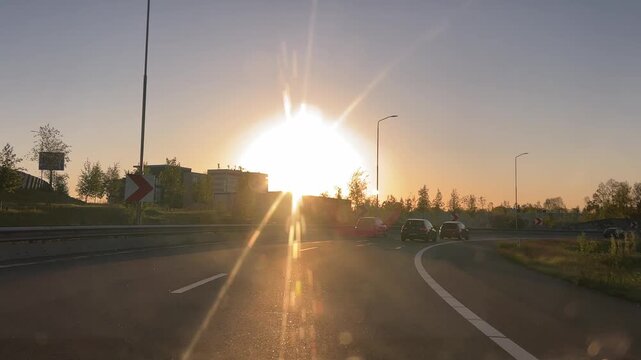 Amsterdam Netherlands highway, Sunset traffic on a curved urban motorway