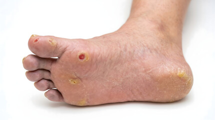 Fototapeta premium Diabetic foot ulcer and skin complications close-up. Chronic wound, neuropathy or peripheral artery disease medical concept. Isolated on white. AI generated.
