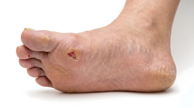 Diabetic foot ulcer and skin complications close-up. Chronic wound, neuropathy or peripheral artery disease medical concept. Isolated on white. AI generated.