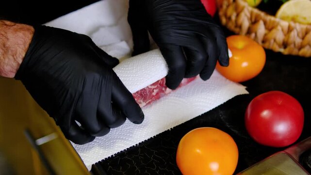 Chef in black gloves seasons, sears and bastes a ribeye steak with garlic and butter on a stainless steel pan. Complete medium rare steak recipe from preparation to slicing and serving.
