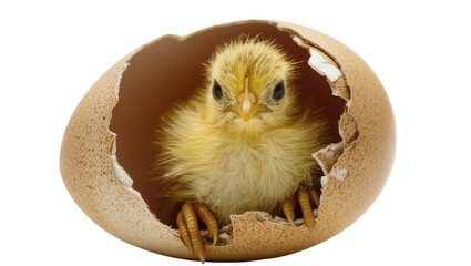 Fluffy yellow chick emerging from cracked brown eggshell, isolated on transparent background © Nicolas