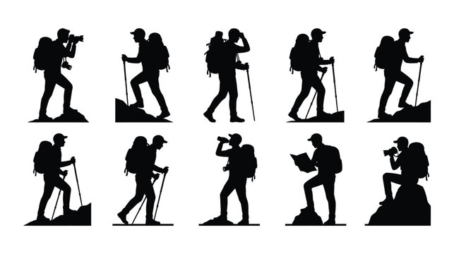 Hikers and mountaineers with backpacks silhouette vector illustration set