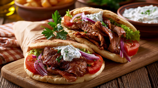 Savoring the flavors of Greece with delicious gyros served on wooden table