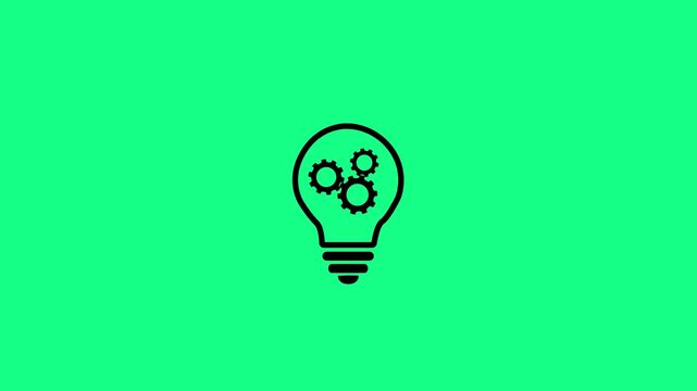 Light bulb and rotating gears icon animation isolated on green background. Idea, energy, team work, thinking and Inspiration concept for representing innovation and creative mechanical engineering