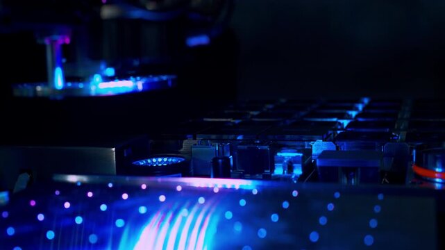 High-speed robotic assembly of electronics with optical inspection flashes. Close-up of automated SMT machine on PCB line. Metaphor for smart factory automation, engineering and high precision tech.