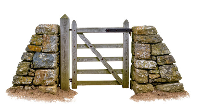 Rustic wooden farm gate with stone pillars, isolated on transparent background