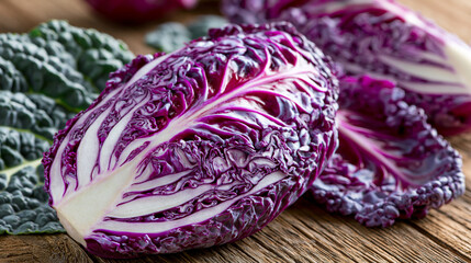 Obraz premium Freshly harvested purple chinese cabbage on rustic wooden table