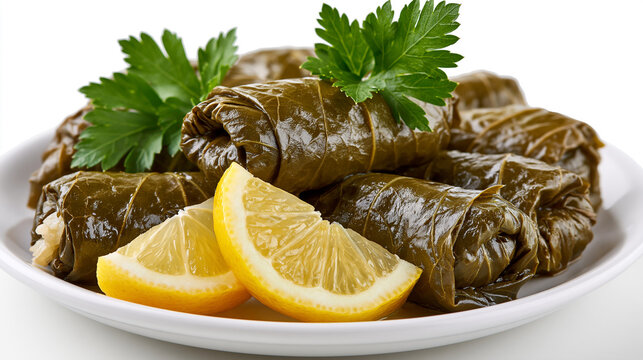 Delicious yaprak sarma wraps served with fresh lemon slices and herbs