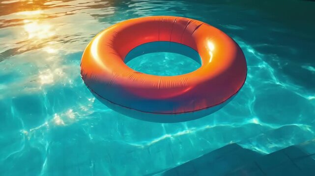 Vibrant orange inflatable pool ring on sunlit water surface