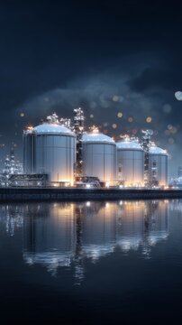 The heart of natural gas: majestic storage towers at dusk. Futuristic persona. Modern energy storage: a symphony of tanks and nature. Human machine. Synthetic consciousness.