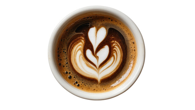 White ceramic cup filled with dark coffee and latte art, isolated on transparent background