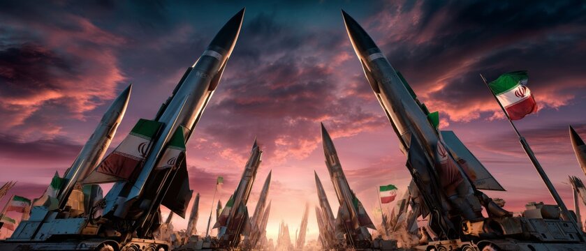 Peace or peril: the dual nature of power under a sunset sky. Movie cover. Missiles in the twilight: intensified sky and national symbols. Cinema artwork. Advertising photo.