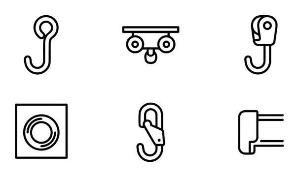 Industrial hook icons, metal hardware symbols, pulley wheel, rigging equipment, black line drawings