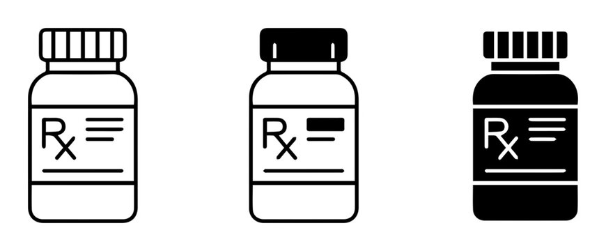 Prescription bottle icons, Rx medication symbols, pharmacy signs, vector graphics