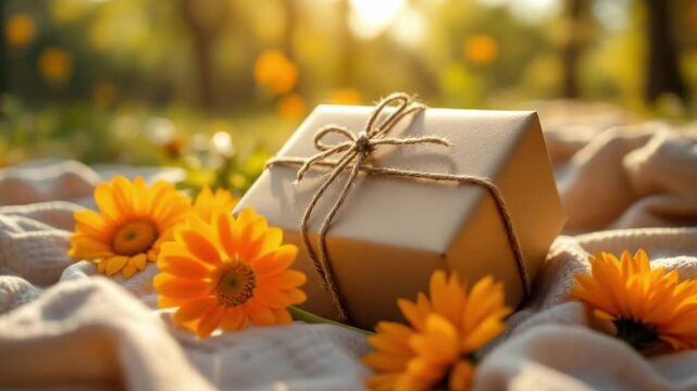 Gift box on blanket among sunflowers in sunlit garden setting