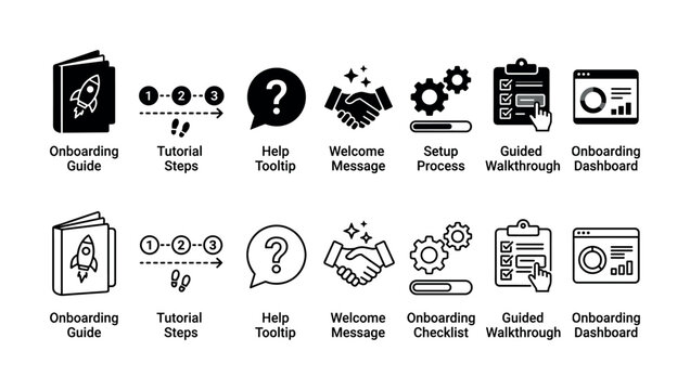 User onboarding and tutorial line icons for website setup, guided walkthrough, and customer welcome process