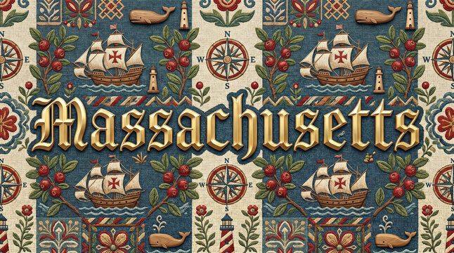 Epic 3D Massachusetts state ethno background with gold typography