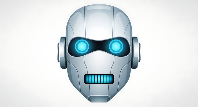 Futuristic robot head with glowing blue eyes and mouth isolated on white background