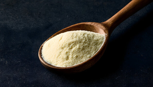 Xanthan gum granules on wooden ladle. A delightful yellow compound for baking and cooking. Gluten-free enhancer for bolstering texture and consistency.