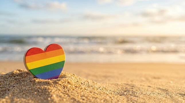 Rainbow heart symbol representing love and acceptance placed on sandy beach with ocean waves and sunset in the background, celebrating same-sex marriage and LGBTQ+ pride