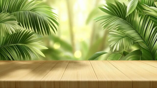 Wooden table surface with lush green tropical leaves in sunlit jungle