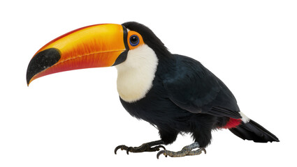 Obraz premium Large toucan bird with vibrant yellow and orange beak, isolated on transparent background