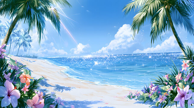 アニメ調の美しいビーチ背景：青い海と白い砂浜、ヤシの木と熱帯の花