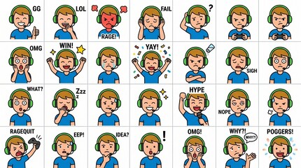 Collection of gamer boy emoticon faces with various expressions © not_rafsan